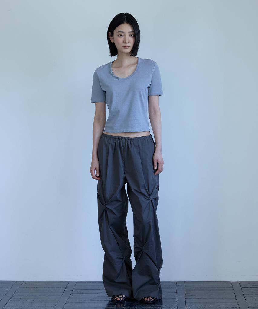 Piiipi Buttonhole U-Neck Short Sleeve T-Shirt_Blue Gray