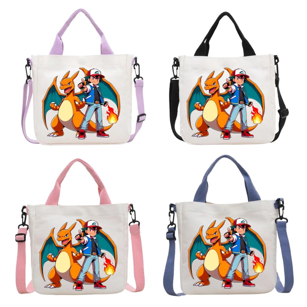 Pokemon Canvas Crossbody Bag Pikachu Cartoon Pattern Print Handbag Fashion Portable Large Capacity Travel Shopping Storage Kid Friendly Entertaining