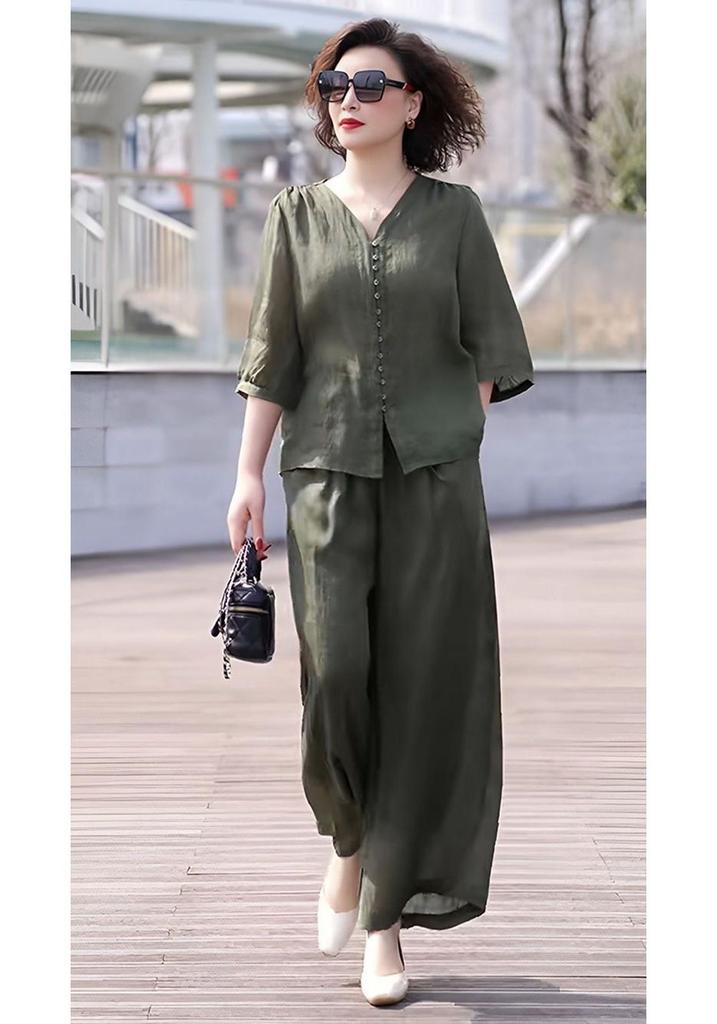 Tencel Linen Summer 2026 Korean Style Two-Piece Set: Top & Wide-Leg Pants for Middle-Aged Women