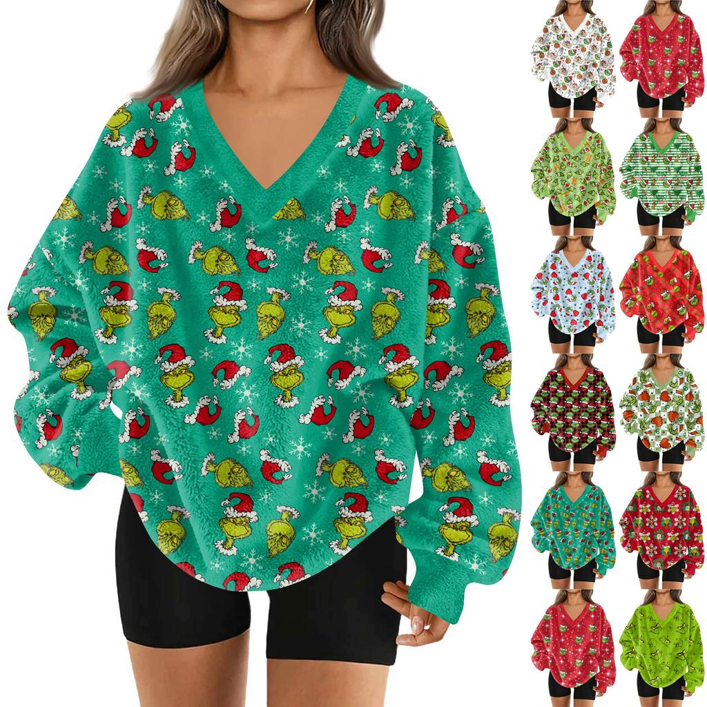 Women's Fashionable V-neck Christmas Printed Long Sleeved Casual Pullover Plush Warm Pocket Sweatshirt Top
