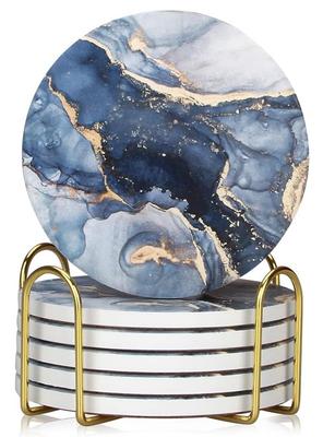 HUACHENG Conjunto Elegante de 6 Porta-Copos de Cerâmica com Padrão de Mármore, Resistentes ao Calor, Verso Protetor de Cortiça, Apoio para Copo/Caneca/Chá, Absorventes de Água,