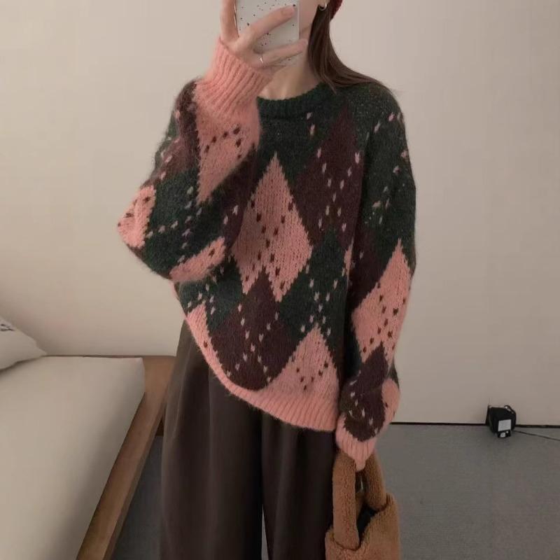 Vintage diamond Christmas knitted pullover sweater women's autumn and winter loose high-end casual round neck lazy wind knitted sweater women