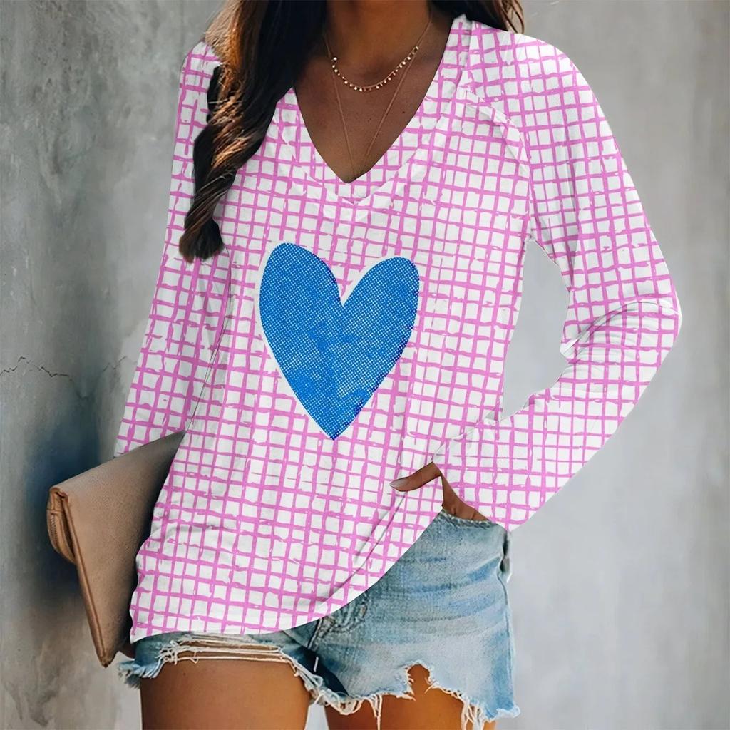 Spring V-Neck Long Sleeve T-Shirt Digital Print Loose Fit Women's Style Valentine's Day Special Edition Fashionable Casual Top