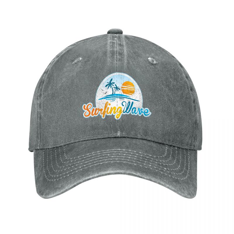Surfing Wave Logo Washed Canvas Baseball Cap with Tropical Sunset Design for Casual Outdoor Wear and Beach Style Fashion