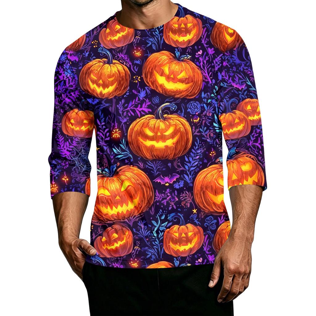 Men's Casual Halloween Print Crew Neck 3/4 Sleeve T-Shirt Lightweight Breathable Fabric Comfortable Fit