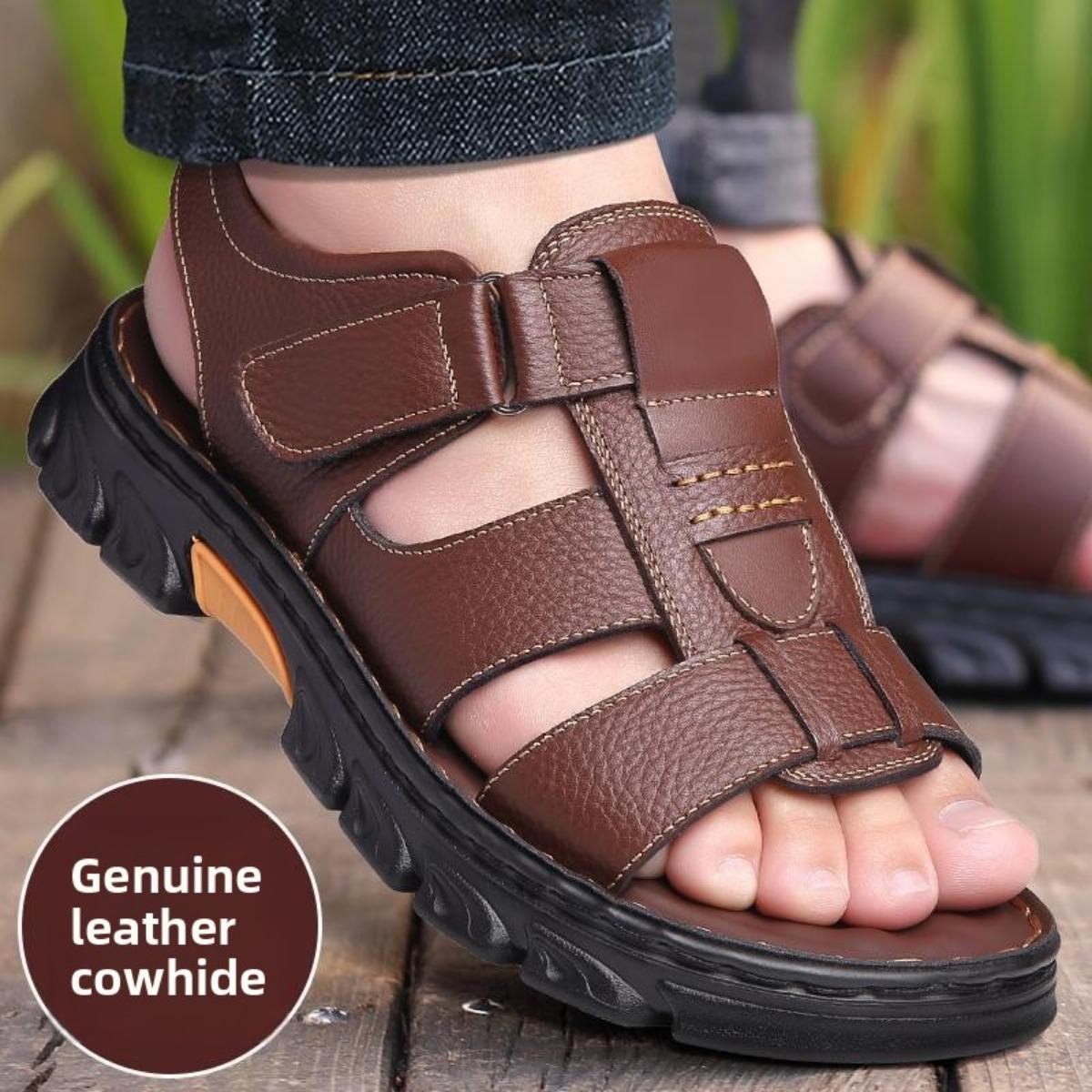 

Top Layer Cowhide Sandals Men s Genuine Leather Cowhide Summer New Anti Slip Beach Shoes Driving Slippers 45 коричневий