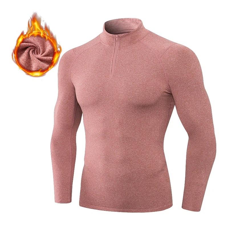 Men's Autumn Winter Fleece Fitness Clothes High Elastic Compression Sports Running Training Long Sleeve Warm Stand Collar Sweatshirt