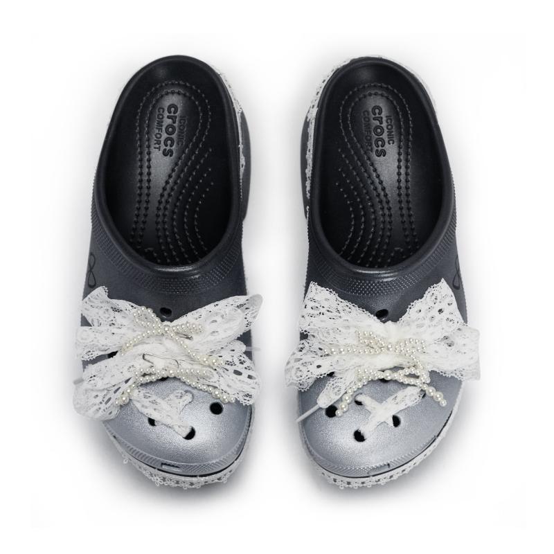 Crocs Siren Clog 811 wyprodukowane w Crocs koronka koronka kok kok styl baletowy zestaw prezentowy buty z dziurkami dla mężczyzn i kobiet czarny i biały srebrny