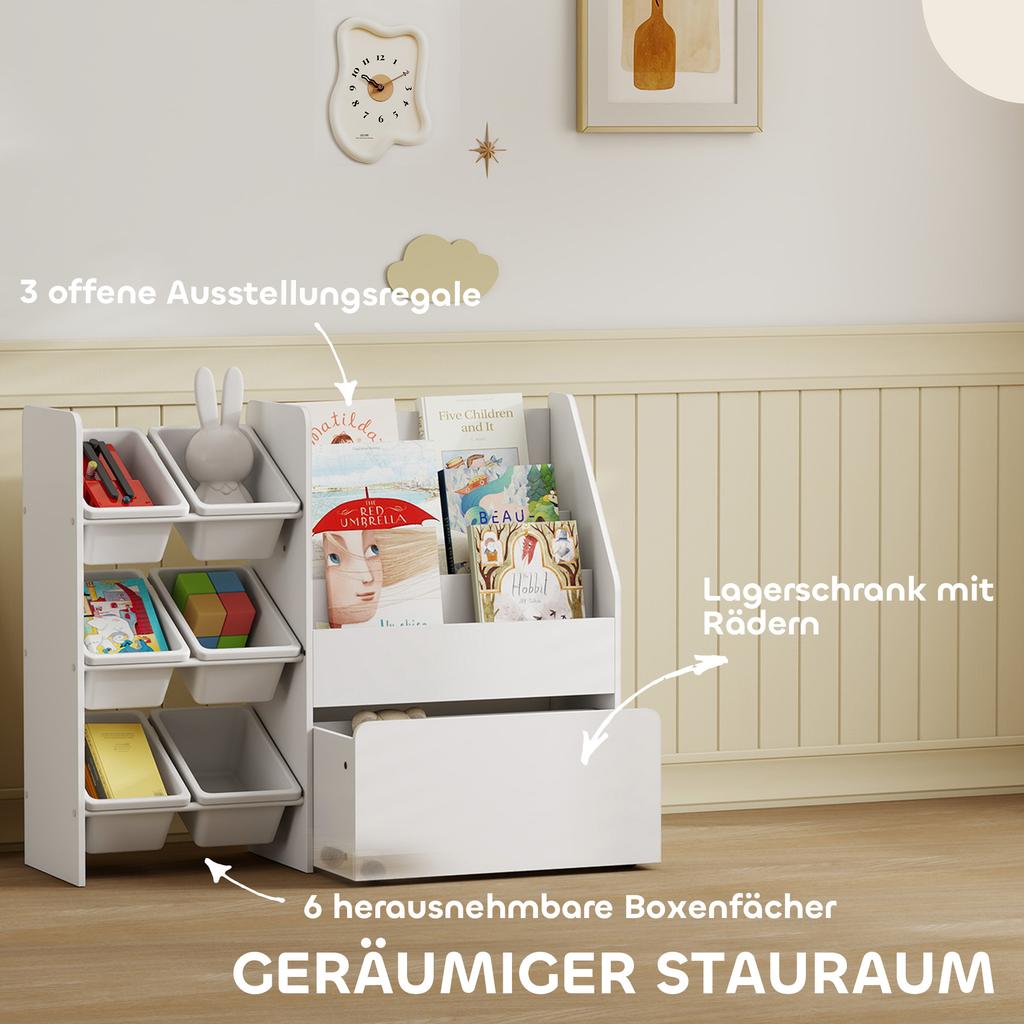 Toy Shelf, Children's Room Shelf with 6 Bins, Book Storage, Rolling Box, 100 X 30 X 80 Cm, MDF, Steel, White