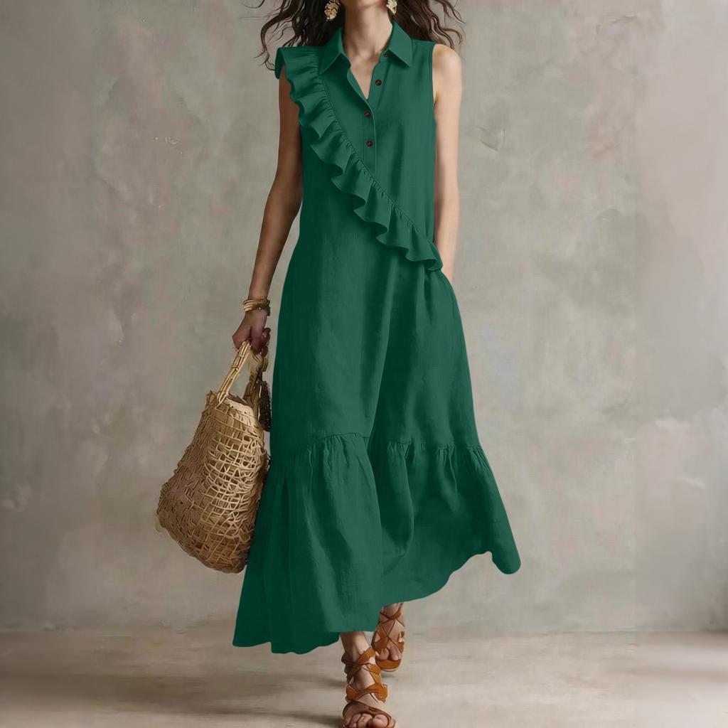 Women's Sleeveless V Neck Vintage Ruffle Midi Dress Casual Solid Relaxed Fit Summer Sundress for Daily Wear Vacation
