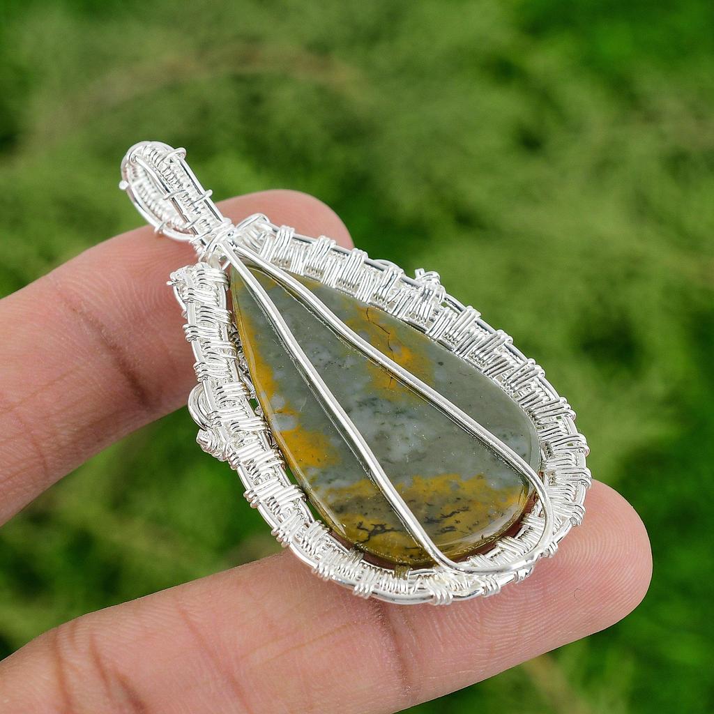 Daughters Day Sale Polychrome Jasper Stone 925 Sterling Silver Wire Wrap Pendant