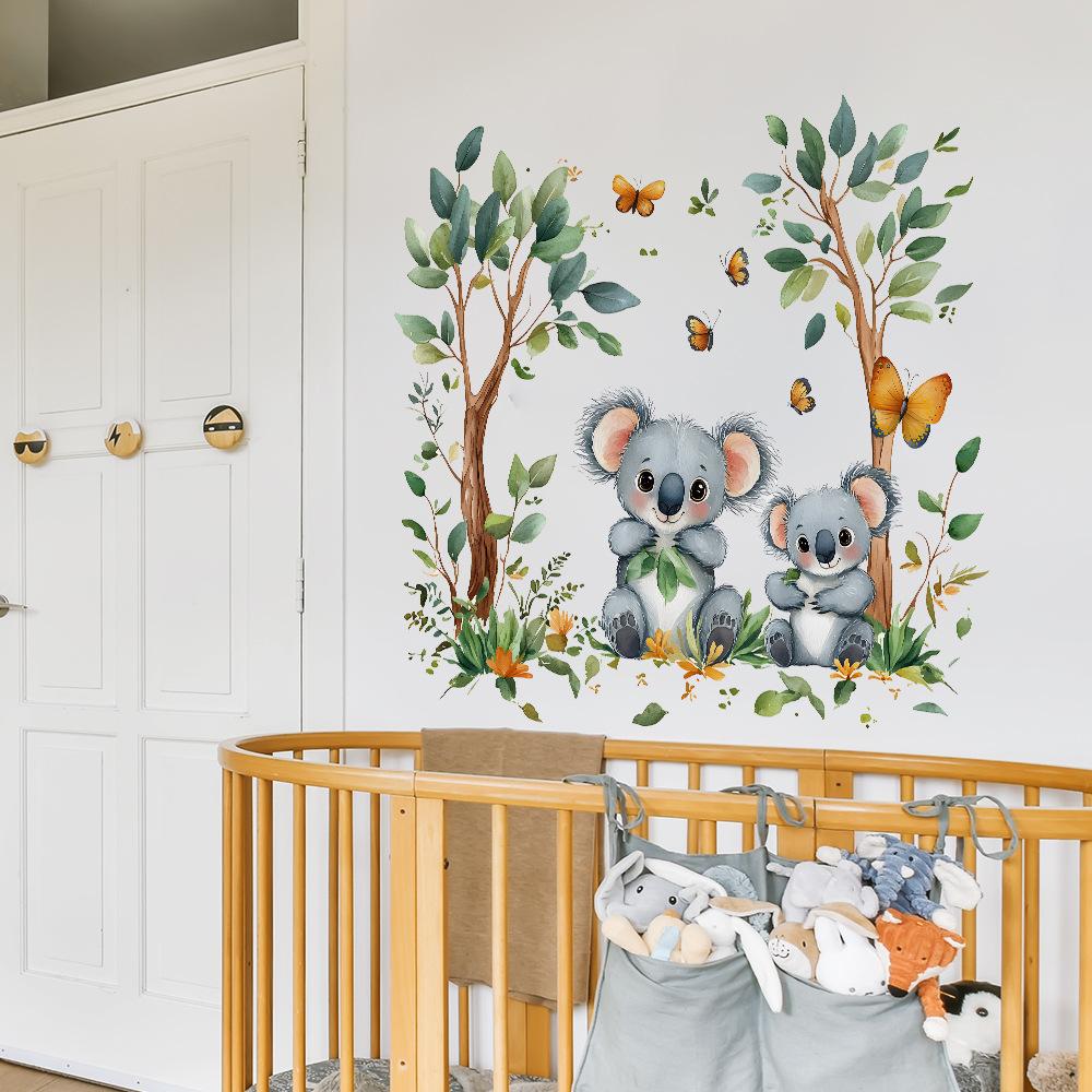 2 Pz Cartone Animato Koala Farfalla Foglie Verdi Camera da Letto Soggiorno Casa Sfondo Abbellimento Decorazione Adesivi Murali