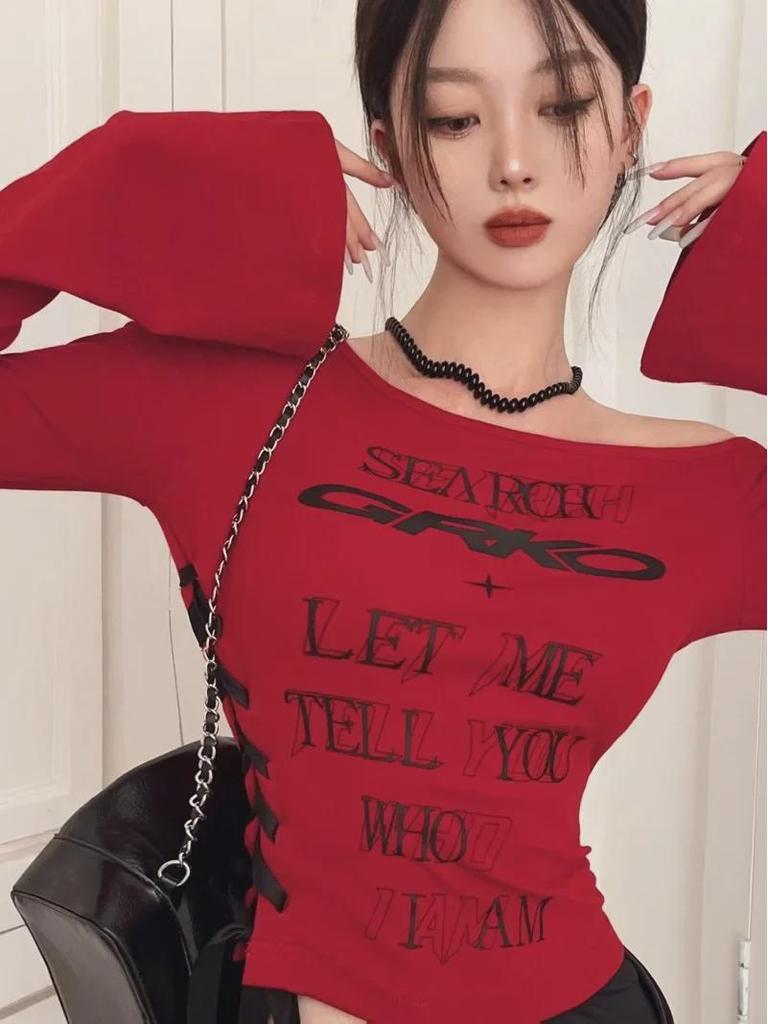 Women's Off-Shoulder Tie-Strap Long-Sleeve Top