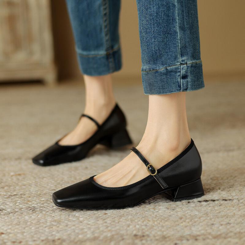 New sheepskin women's shoes low-heeled solid-color leather square heel beef tendon sole large-size shoes cowhide casual square head four-season si