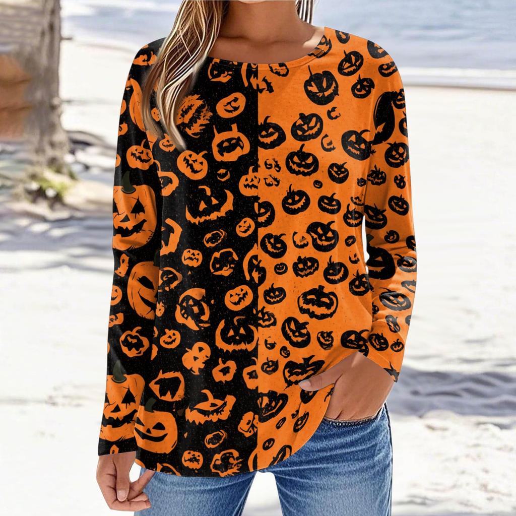 Women's Casual Long Sleeve Halloween Print Pullover Top Crew Neck Lightweight Sweatshirt for Fall and Everyday Wear