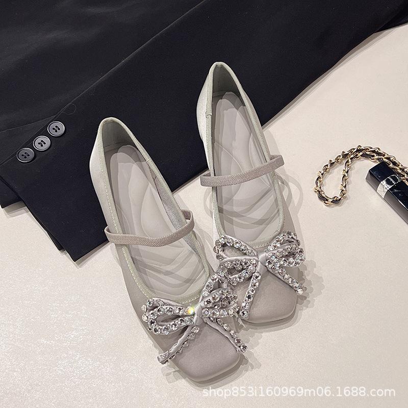 

Satin square head rhinestone bow Mary Jane shoes women s 2025 spring Korean version shallow mouth word with flat bottom ladyshoes women 40 сірий колір