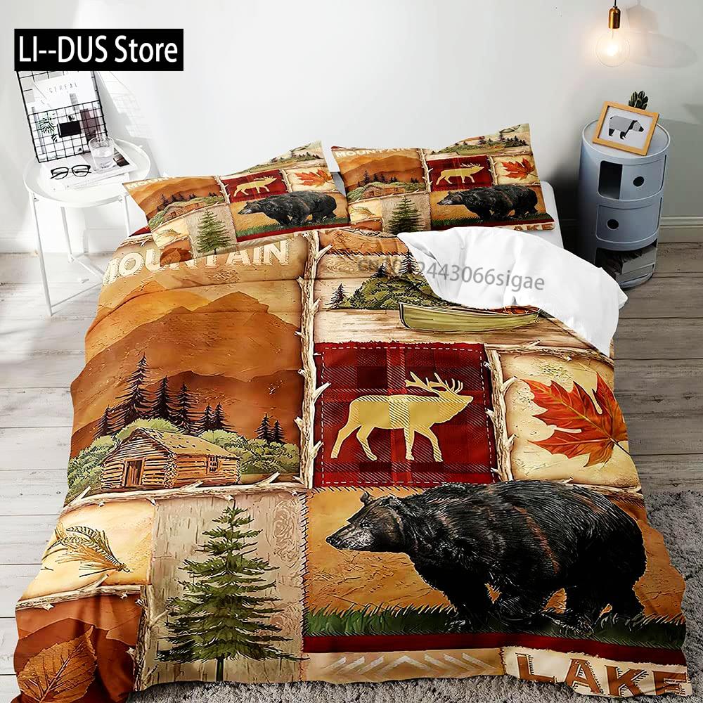 Moose Black Bear Duvet Cover Queen Set Wildlife Deer Bedding Set Rustic Bedroom Decor for Men Boyfriend Teen Boy2 Pillowcases