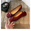 Sheepskin Version~ Gentle Wind Leather Square Head Shallow Mouth Single Shoes Women's New Versatile and Not Tired Foot Square Buckle Commuter Flats