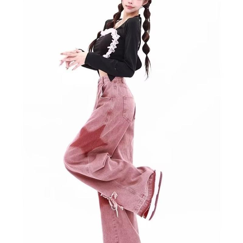 Women's Retro High Waist Wide Leg Jeans with Star Embroidery Loose Fit Casual Pants
