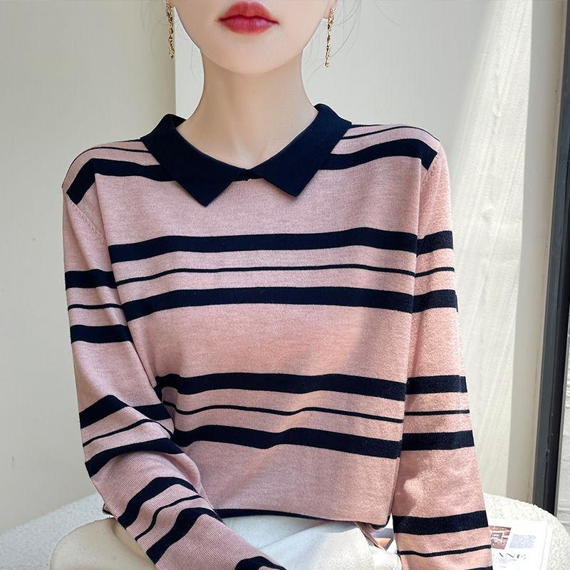 Korean Lapel Striped Long-sleeved Sweater for Women Casual Inner Bottoming Warm Top