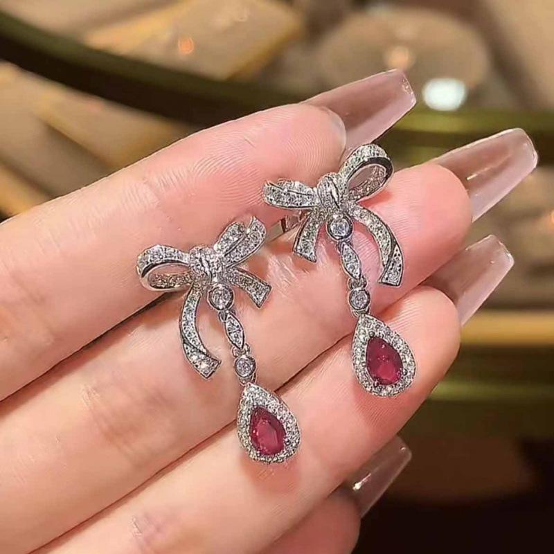 Elegant Red Gemstone Bow Tassel Earrings for Women – Versatile, Fashionable Drops, Perfect Festival Gift