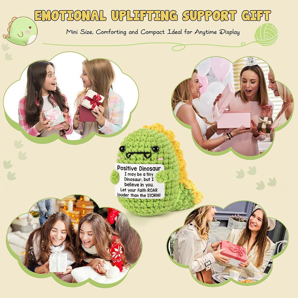 Positive Crochet Dinosaur Doll with Card Home Room Decor Handmade Knitting Emotional Support Dinosaur Ornament Christmas Gifts