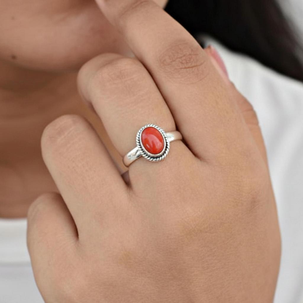 Red Coral Oval Statement Ring, 925 Sterling Silver Ring, Minimalist Handmade Boho Coral Jewelry