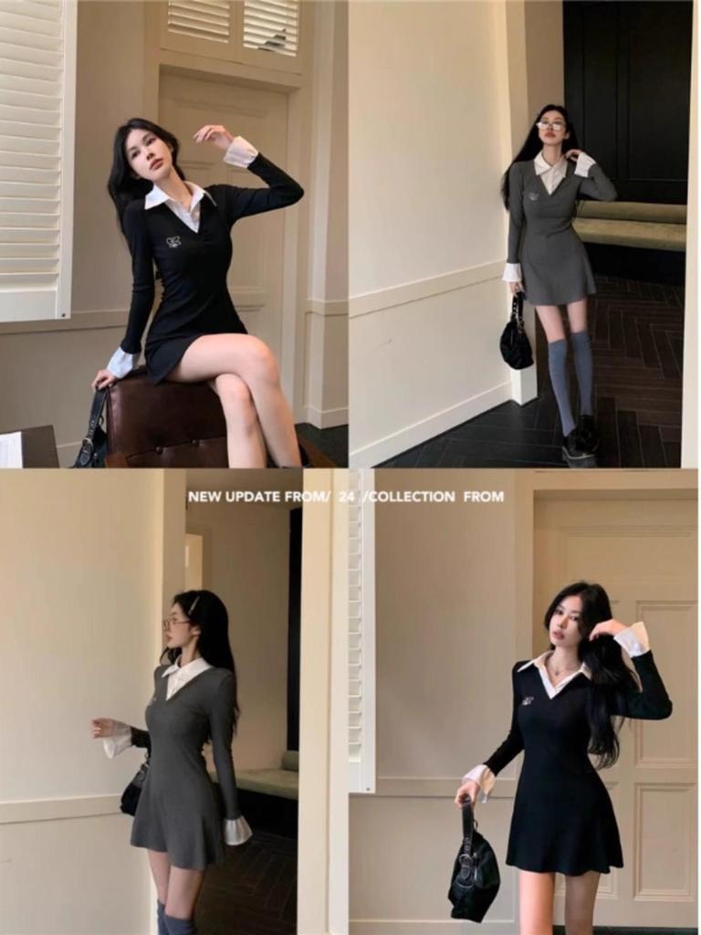Korean Fashion Faux Two-Piece Shirt Dress – Chic Autumn/Winter Style with Unique Design and Short Skirt for Women