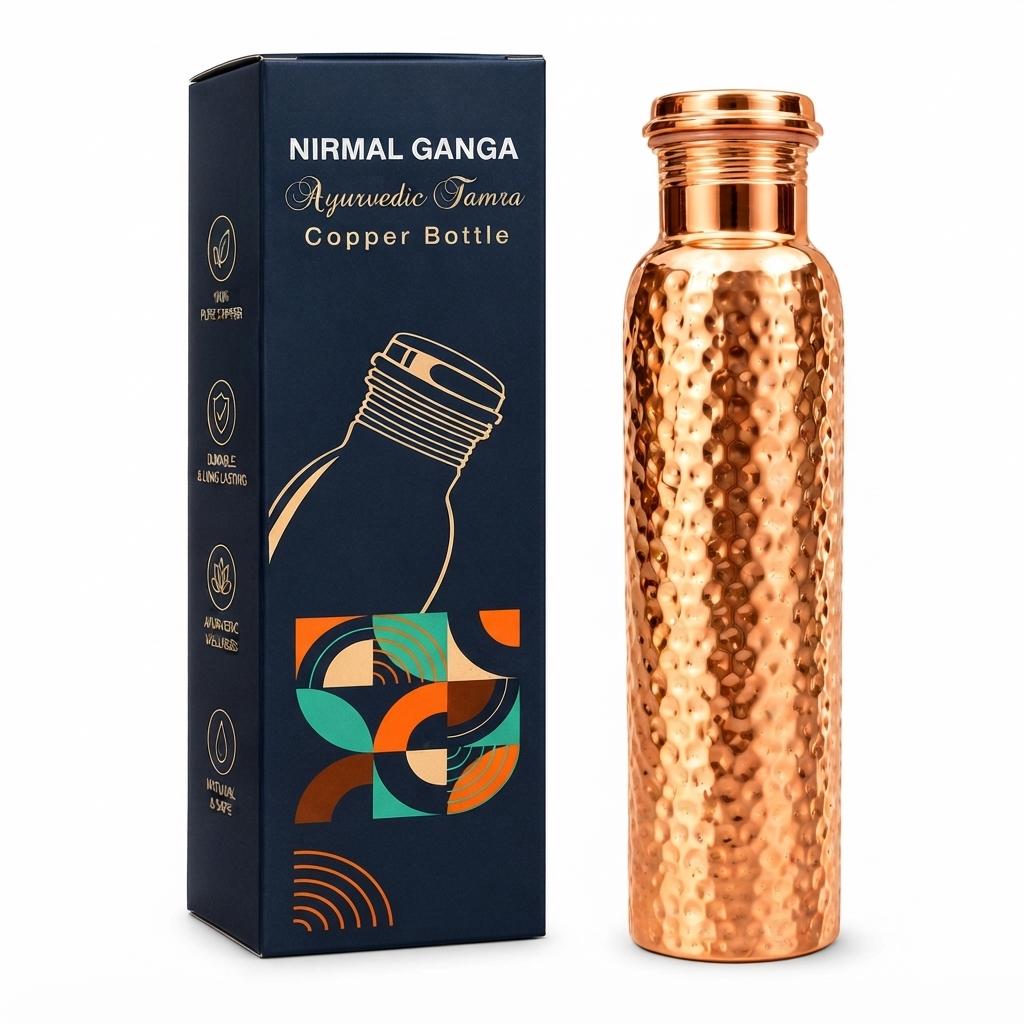 Nirmal Ganga Pure Copper Water Bottle - Traditional Hammered Design, 1 Litre Capacity, Premium Shudh Tamba, Excellent Export Quality pack of 1