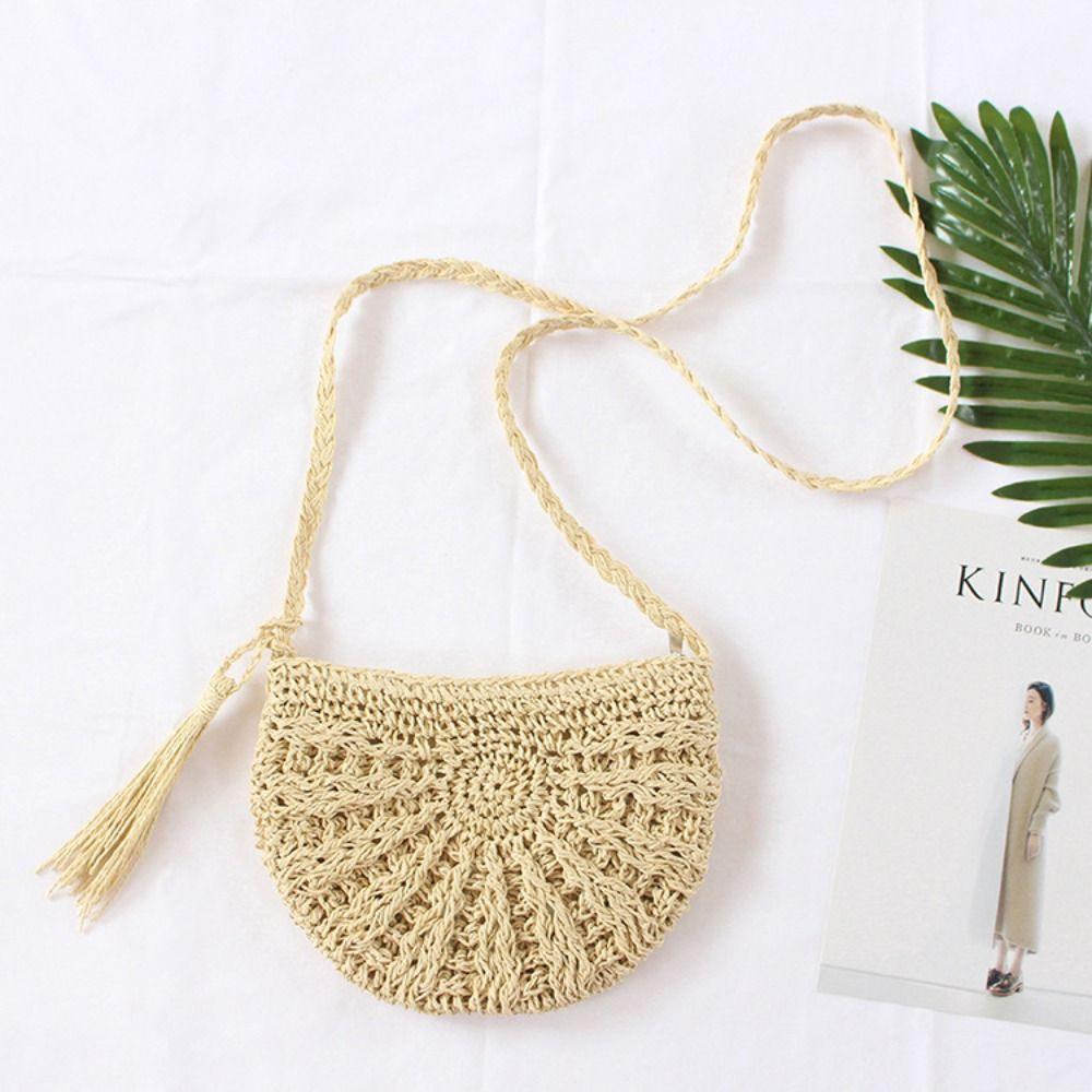 Half Round Straw Bag Rattan Shoulder Bag Zipper Woven Half Moon Crossbody Handbags Bohemia Vacation for Women