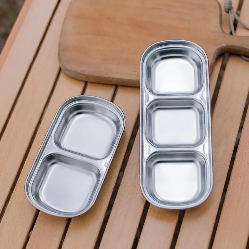 1PC Stainless Steel Multi Grid Seasoning Dish Partitioned Sauce Container Portable Dipping Bowl for Outdoor Camping Kitchen