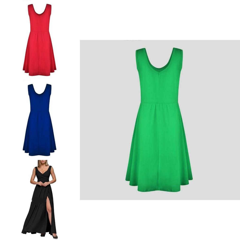 Patchwork Cotton Blend Sleeveless Dress Round Neck Flared Hem For Beach Parties