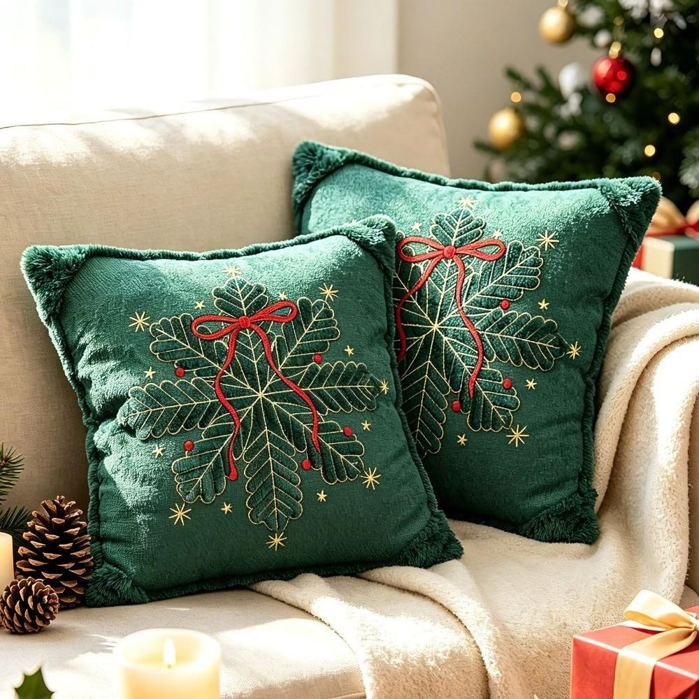 Embroidered Christmas Pillow Cover Soft Square Throw Cushion Cover Bell Bow Snowflake Holiday Cushion Cover Christmas Decor