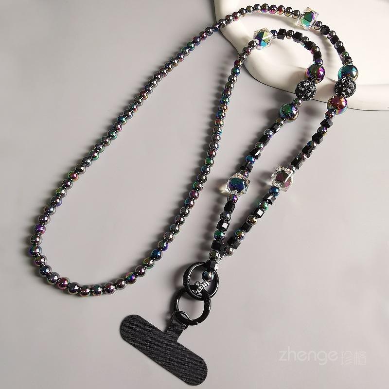 

Rhombus colorful bead mobile phone chain women s ins travel handmade beaded lanyard back chain mobile phone case lanyard long Crossbody [black]