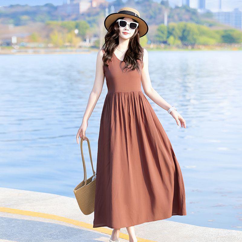 New Women's Summer Sleeveless French Silk-Cotton Beach Dress