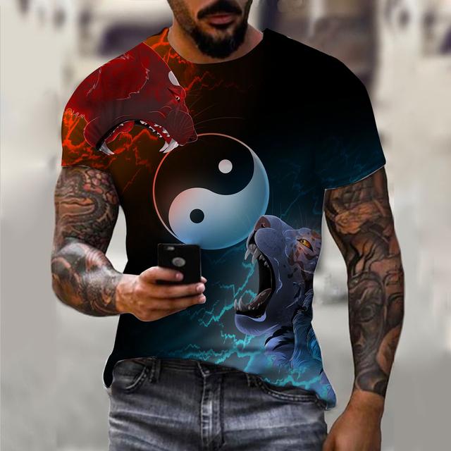 Trend Herre T-skjorter Fiskemønster T-skjorter Kort Erme 3d Dyr Ulv Trykket Street Hip Hop T-skjorte Tai Chi Diagram Topper Tee