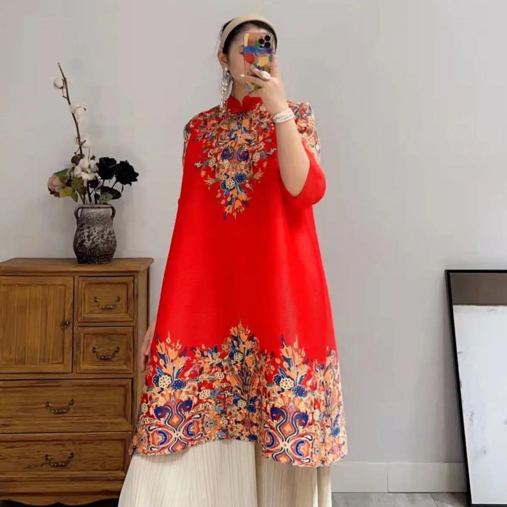 Ethnic Wind Printed Pleated Dress Spring and Summer New Fashion Foreign Air Large Size Thin Age-sen Long Sleeve Long Skirt