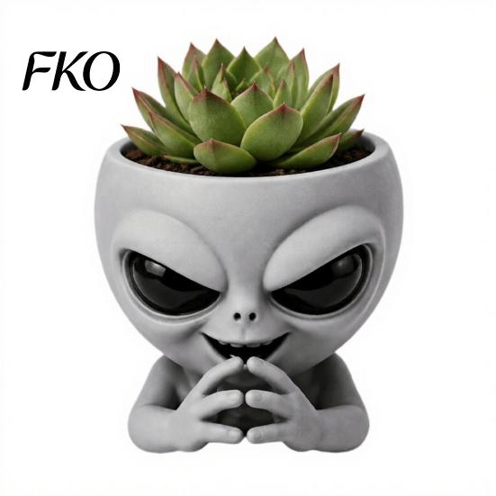 Office Desk Planter Funny Alien Face Planter, 3D Printed Novelty Plant Pot, Cute Gray Cactus Pot Head for Succulents Cacti Home Table Shelf