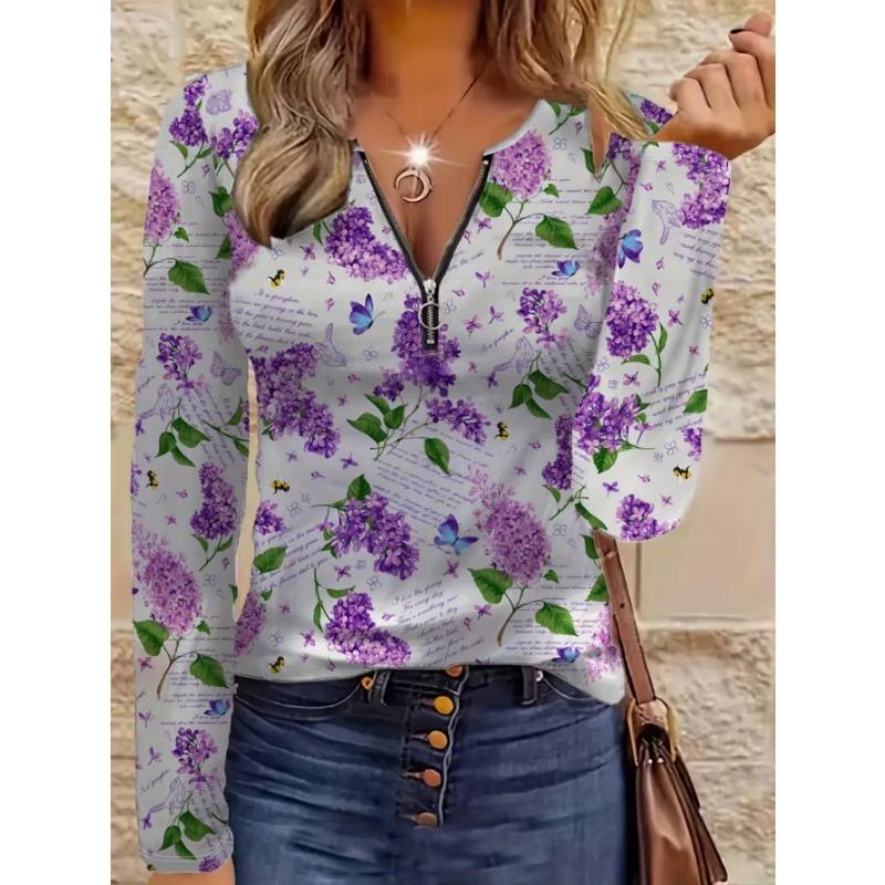 Top elegant cu imprimeu, cu fermoar și mâneci lungi pentru femei, stilat și versatil pentru toamnă și iarnă, potrivit pentru ținute casual și de birou, lavabil la mașină