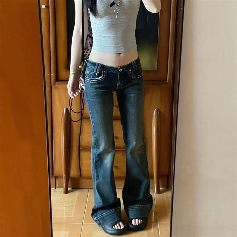 Jeans de Campana Retro Ajustados y Desgastados de Tiro Bajo para Mujer - Petites, Pierna Estrecha Versátil, Largo hasta el Suelo