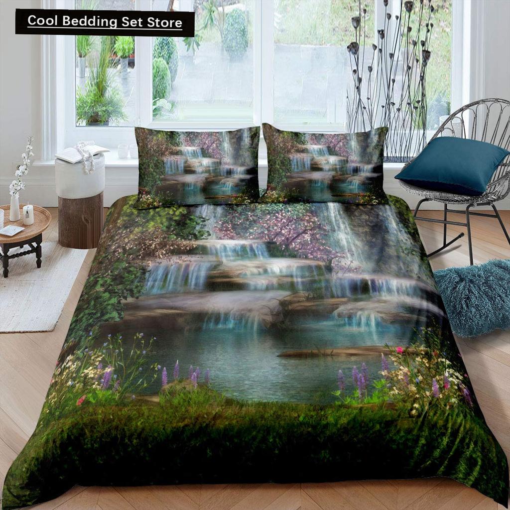 Waterfall king Queen Duvet Cover Floral Trees Bedding Set Natural landscape quilt cover Purple Dream polyester Comforter Cover
