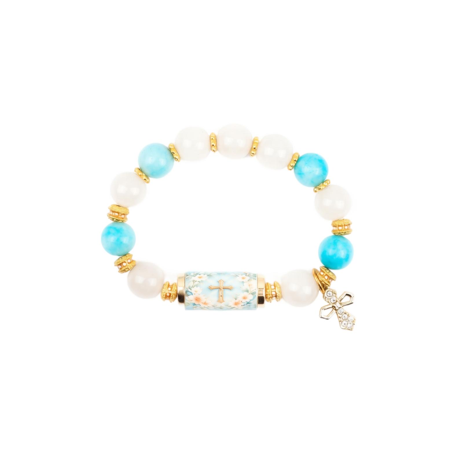 Faith Cross Charm Bracelet Elastic String Beaded Stretch Bracelet with Religious Cross Pendant for Women One Size