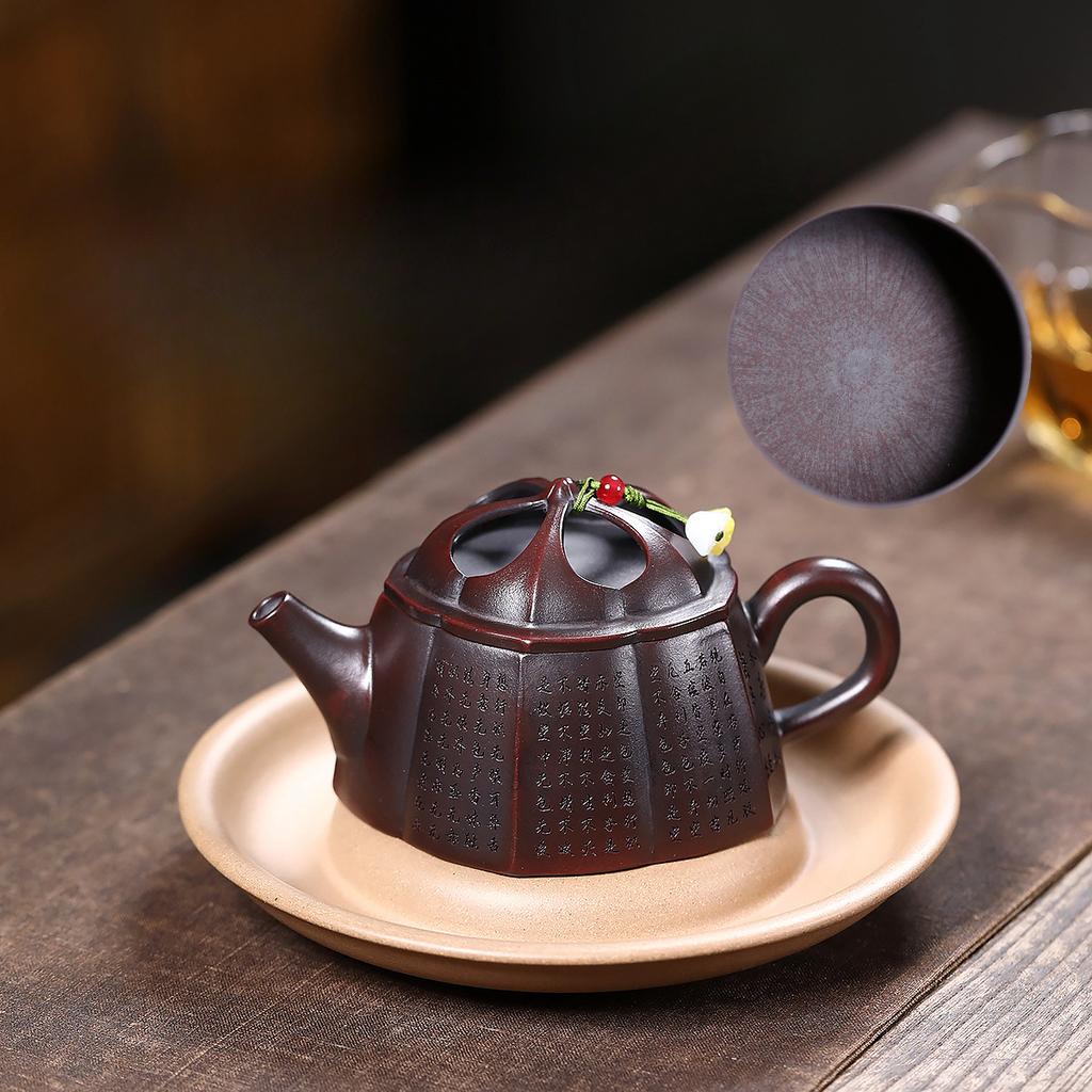 180ml Yixing Purple Clay Teapots Handmade Heart Sutra Pot Raw Ore Antique Brass Mud Tea Brewing Kettle With Filter Zisha Tea Set