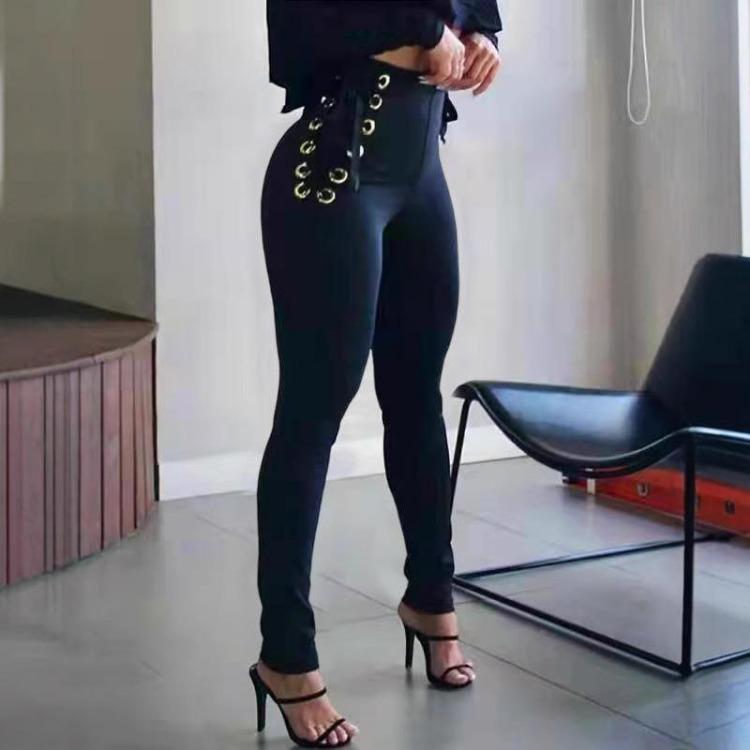 High Waist Skinny Pants Elastic Waist Tight Trousers Women Casual Pants S чёрный