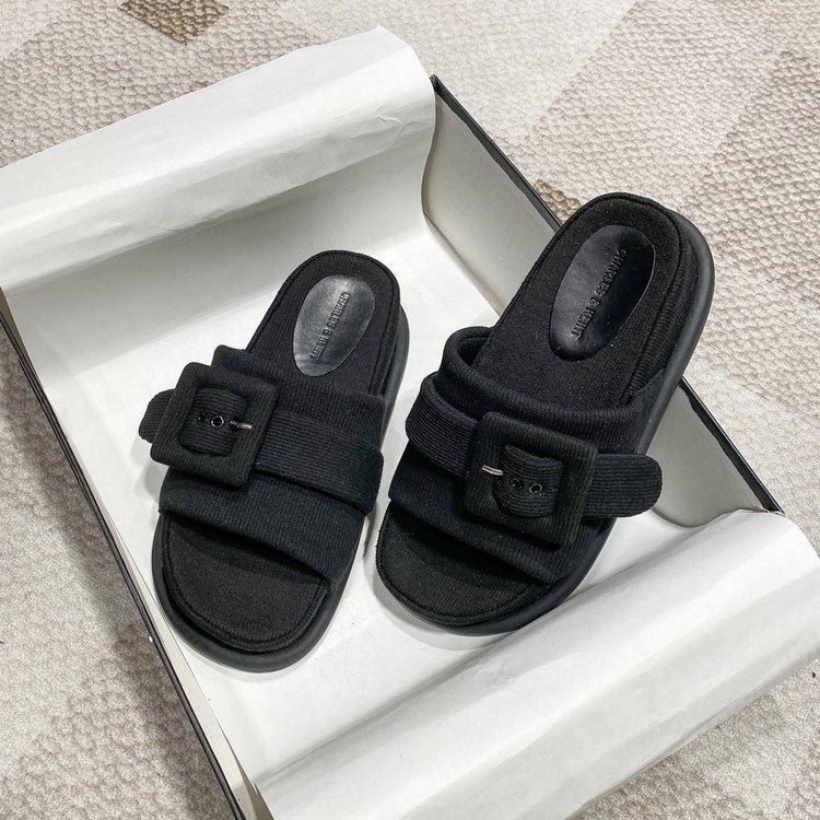 

Fashion 2025 Thick Sole Slippers for Women Button Design Casual External Wearing Slippers Shoes for Women Zapatos De Mujer 35 чёрный