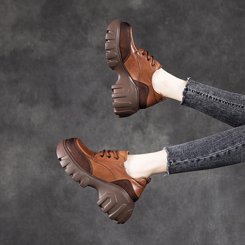 The First Layer of Cowhide Casual Shoes Women's 2025 Autumn New Leather Korean Version of Versatile Lace-up Muffin Platform Single Shoes Women's Shoes