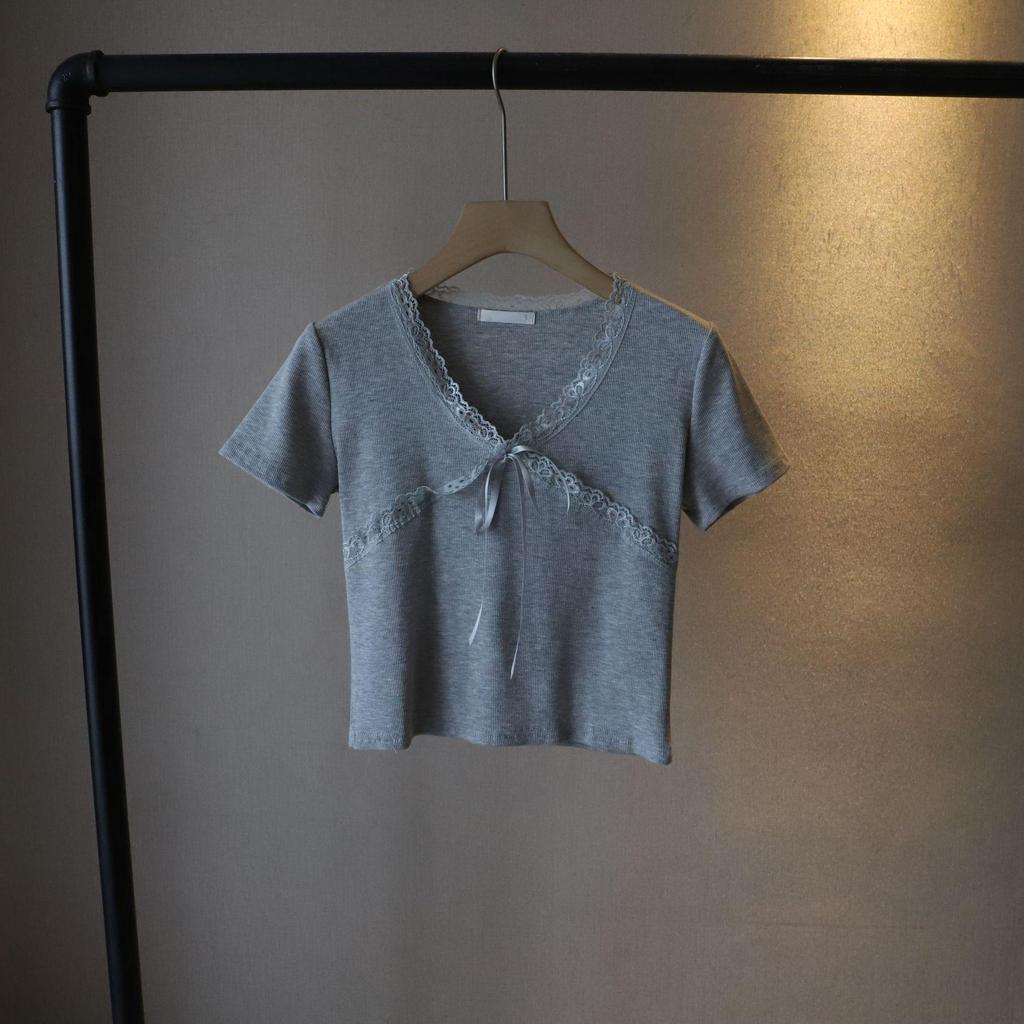Petite Short-Sleeved Bow Slim-Fit Top - 2025 Korean Style Summer Women's Fashion