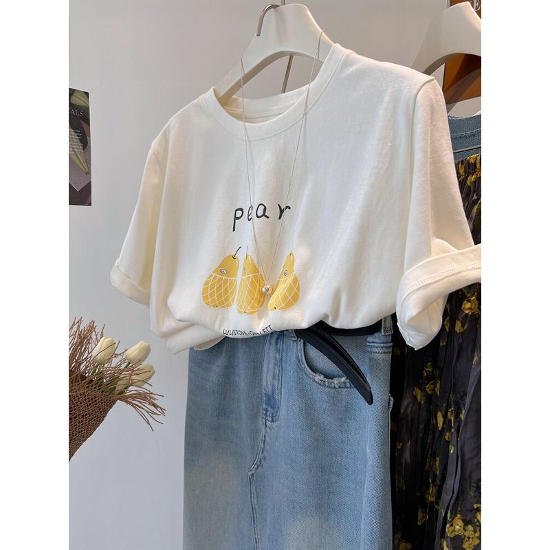ZDM Plus size 150.00kg South korea Pear Print Soft Glutinous Pure Cotton Short sleeve T-shirt Women Summer Casual Half Sleeve Top Tee Apricot color XL Recommended 60kg-70kg