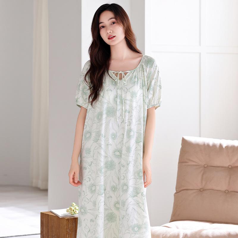 Pajamas Women's Summer with Chest Pads Short Sleeves Cotton Pajamas Skirts Long Summer Thin Maternity Large Size Dresses
