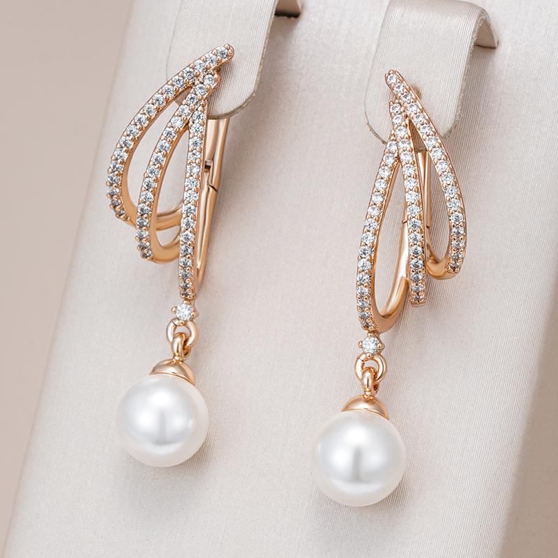 Unique Geometric  Rose Gold Pearl Long Drop Earrings For Women Shiny Natural Zircon Accessories Bridal Wedding Jewelry